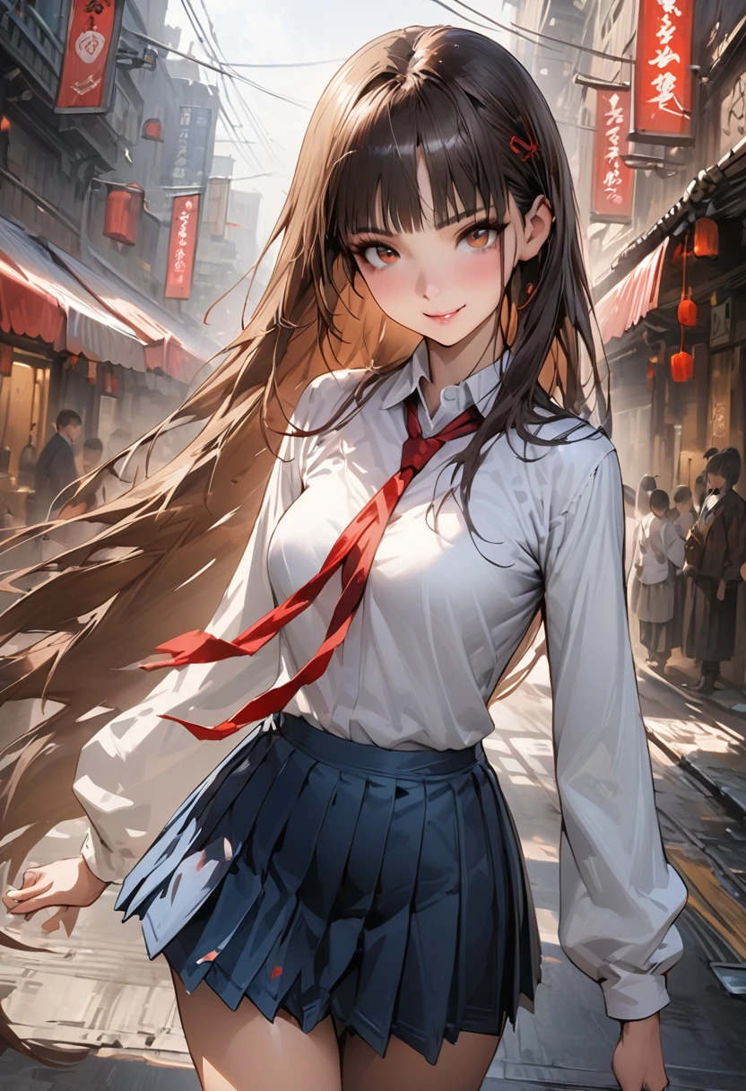 A detailed depiction of a woman holding a handgun、World of Blade Runner、((masterpiece,Highest quality:1.3,best quality illustration,realistic:1.3)),cowboy shot,独奏,1woman,(18-year-old、Japanese Beauty)、brown hair,long hair,bangs,brown eyes,gorgeous eyes,(very small head:1.3),smile,(very long body:1.2,skinny),medium breasts,(Red ribbon tie、White long sleeve collared shirt、Navy blue pleated mini skirt),gleaming skin,toned body,slender body,standing,on street,neon、