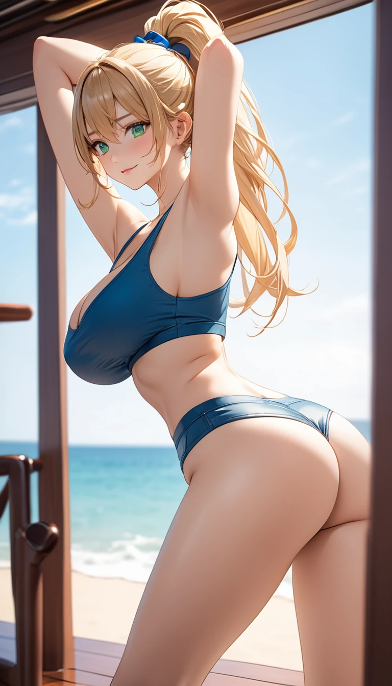 Highest quality、Best image quality、masterpiece、One Girl、26 years old、Best Bust、Big Breasts、Beautiful Eyes、Blonde, Green Eyes、ponytail、Natural smile、Cleavage、Sexy pose, Seductive pose, stretch legs, from behind, crop top, hot pants, stretch legs, from behind, noon、On a luxury cruiser、Embarrassed, blush、cowboy shot, blue sea、Natural sunlight、Shallow depth of field、