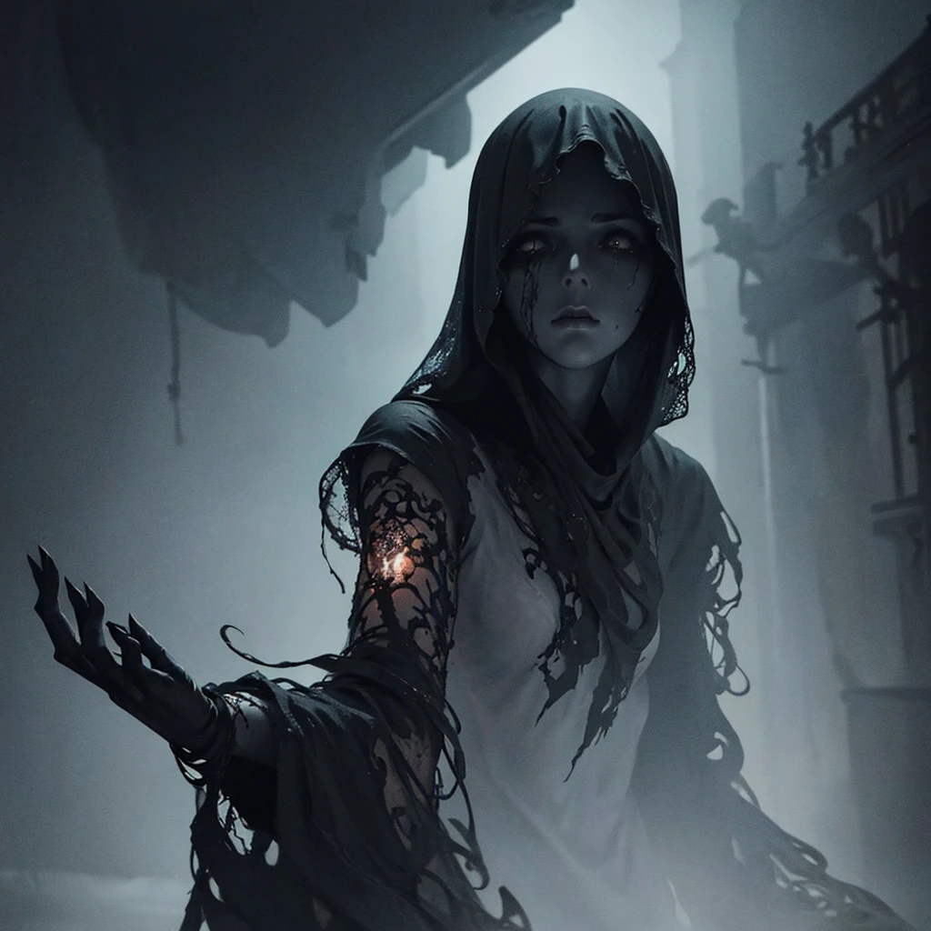 a ghostly, haunting, aesthetic nightmare, 1 woman, detailed face, melancholic expression, dark smoky atmosphere, moody lighting, intricate details, cinematic composition, dark fantasy, surreal, digital art