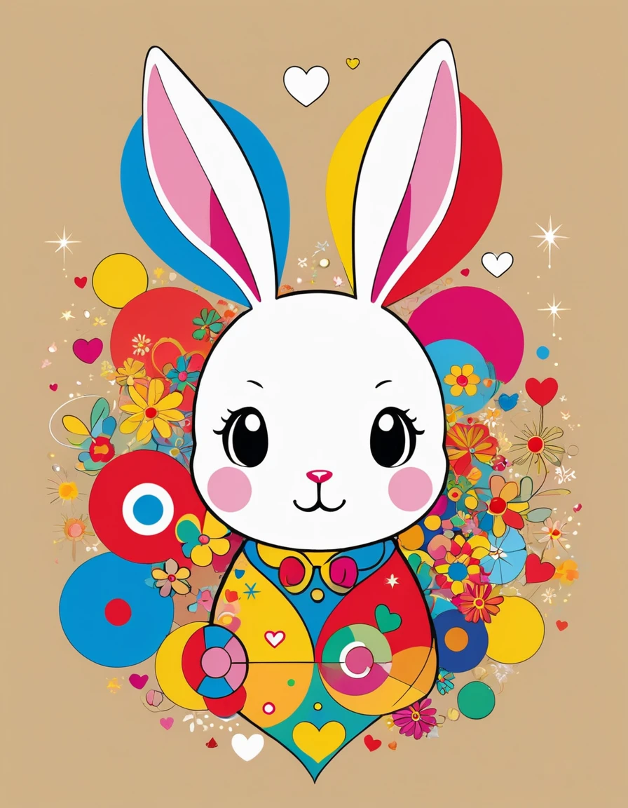 Gao Jiejie　Golden Ratio　Takashi Murakami style, Simple line initials，Abstract art，Kawaii Design, Realistic rabbit, stardust, Colorful Hearts　logo
