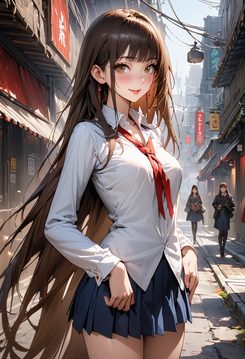 A detailed depiction of a woman holding a handgun、World of Blade Runner、((masterpiece,Highest quality:1.3,best quality illustration,realistic:1.3)),cowboy shot,独奏,1woman,(18-year-old、Japanese Beauty)、brown hair,long hair,bangs,brown eyes,gorgeous eyes,(very small head:1.3),smile,(very long body:1.2,skinny),medium breasts,(Red ribbon tie、White long sleeve collared shirt、Navy blue pleated mini skirt),gleaming skin,toned body,slender body,standing,on street,neon、