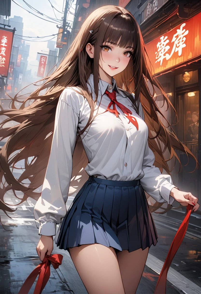 ((masterpiece,Highest quality:1.3,best quality illustration,realistic:1.3)),cowboy shot,独奏,1woman,(18-year-old、Japanese Beauty)、brown hair,long hair,bangs,brown eyes,gorgeous eyes,((very small head:1.3)),blush,Heavy breathing,((very long body:1.2,skinny)),medium breasts,(Red ribbon tie、White collared shirt、Long sleeve navy blue pleated mini skirt),Wet crotch、sweat,gleaming skin,toned body,slender body,Abandoned house、at night、Tokyo、End of the World、