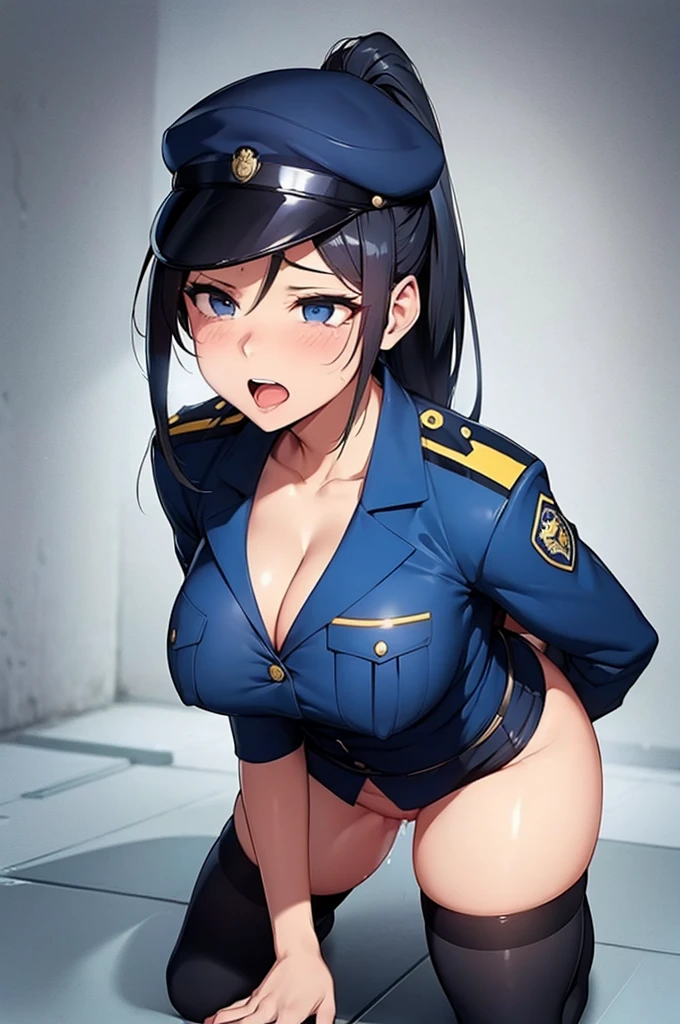 (perfectbody),best qualityer,(8K Portrait),(offcial art)、(police hat)、embarrassed from、(:d)、(((blush))),(sweat),((((big udder))))、((big-ass))、(dark hair),((bob cuts)), blush,shorth hair, (yellow  eyes),(((thick-thighs)))、(((Navy blue leotard)))、Navy blue jacket、(in street)、raising your arms、Underarms、opening the legs、Kneeling、from low