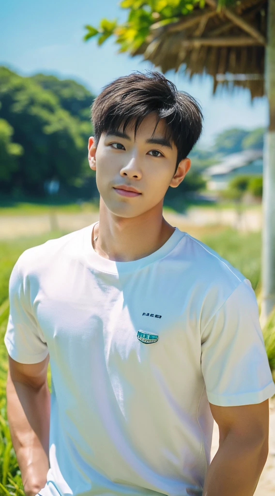 A handsome, muscular young Asian man looks at the camera. In a plain white t-shirt , Fieldside, grass, beach, sunlight