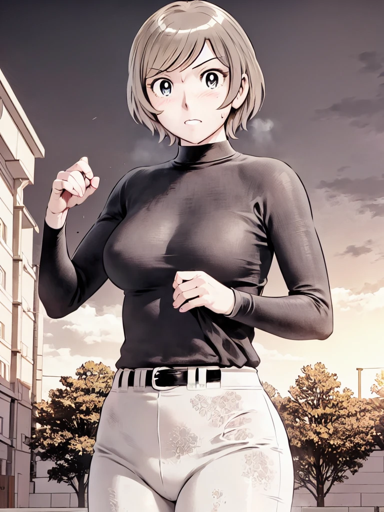 (野球uniform:1.2),
blonde, (short hair:1.2),Long sleeve, Black Shirt, turtleneck,White trousers、uniform、Black belt、((Illustration of a person))、big 、Muddy、Soil stains、ドロドロのuniform、
View your audience,, (Highest quality:1.3),One Girl, White pants、uniform、Outdoor、baseball ground、ground、soil、blue eyes、Tight black shirt、(masterpiece、Highest quality)、Highest quality, Ultra-high resolution, (((masterpiece))), alone, Sweat、big eyes、big Breasts、Torn clothes、 Fully exposed、Nipples、One Girl, Front view、Embarrassed face、Bronze colored hair、((short hair))、Stand up straight、Cowboy Shot