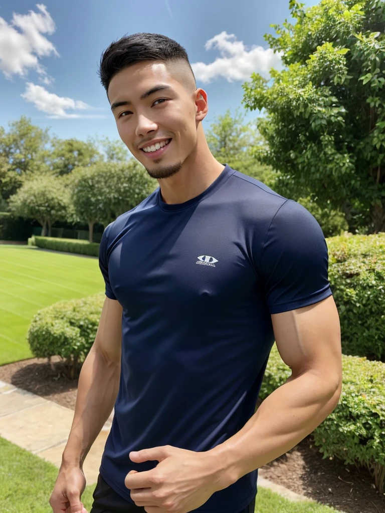 Tony Labrusca, (As a matter of fact, Masterpiece, 8k HD, good light quality, sportswear, fit the face, complicated details), A handsome, muscular young Korean man. , 20 years old, be happy, smile brightly, detailed face, delicate eyes, มองดูsky, Wear a navy tight T-shirt.:1.6, period, black eyes, Black hair color, ผมsmooth, smooth, outdoor sports, Along the garden, Sunny,sky，Surreal，Awesome details，Highest quality，real，Open your mouth to talk. , Close your eyes.