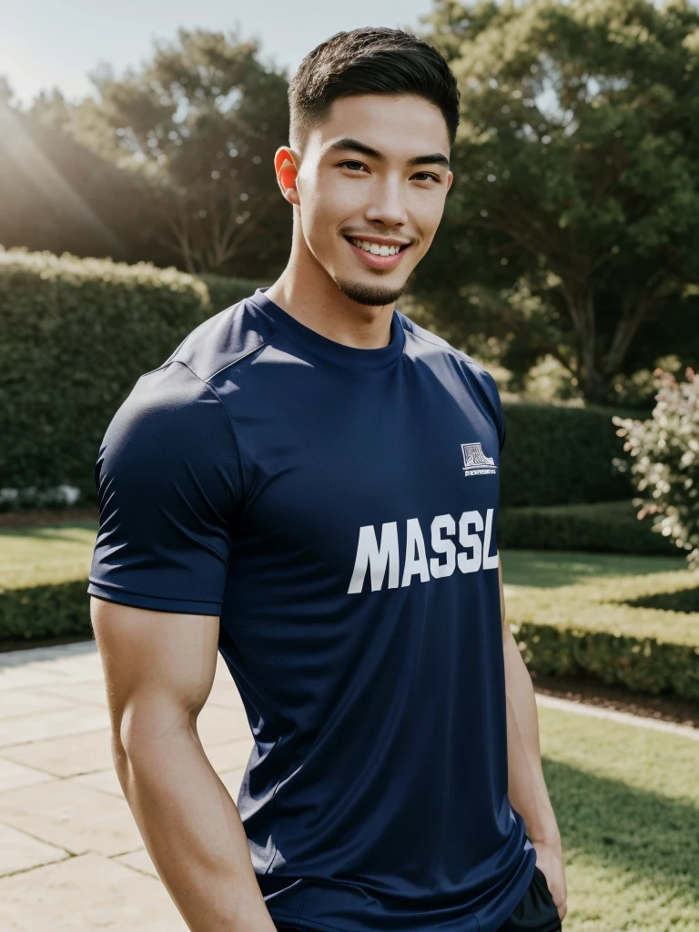 Tony Labrusca, (As a matter of fact, Masterpiece, 8k HD, good light quality, sportswear, fit the face, complicated details), A handsome, muscular young Korean man. , 20 years old, be happy, smile brightly, detailed face, delicate eyes, มองดูsky, Wear a navy tight T-shirt.:1.6, period, black eyes, Black hair color, ผมsmooth, smooth, outdoor sports, Along the garden, Sunny,sky，Surreal，Awesome details，Highest quality，real，Open your mouth to talk. , Close your eyes.