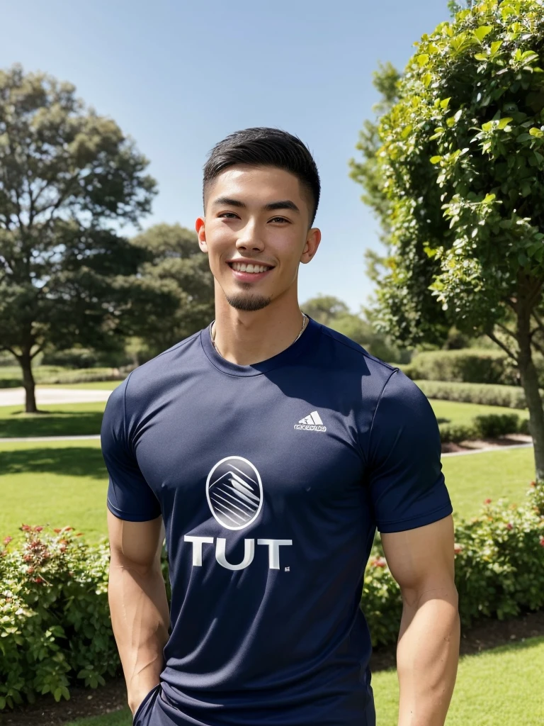 Tony Labrusca, (As a matter of fact, Masterpiece, 8k HD, good light quality, sportswear, fit the face, complicated details), A handsome, muscular young Korean man. , 20 years old, be happy, smile brightly, detailed face, delicate eyes, มองดูsky, Wear a navy tight T-shirt.:1.6, period, black eyes, Black hair color, ผมsmooth, smooth, outdoor sports, Along the garden, Sunny,sky,Surreal,Awesome details,Highest quality,real,Open your mouth to talk. , Close your eyes.