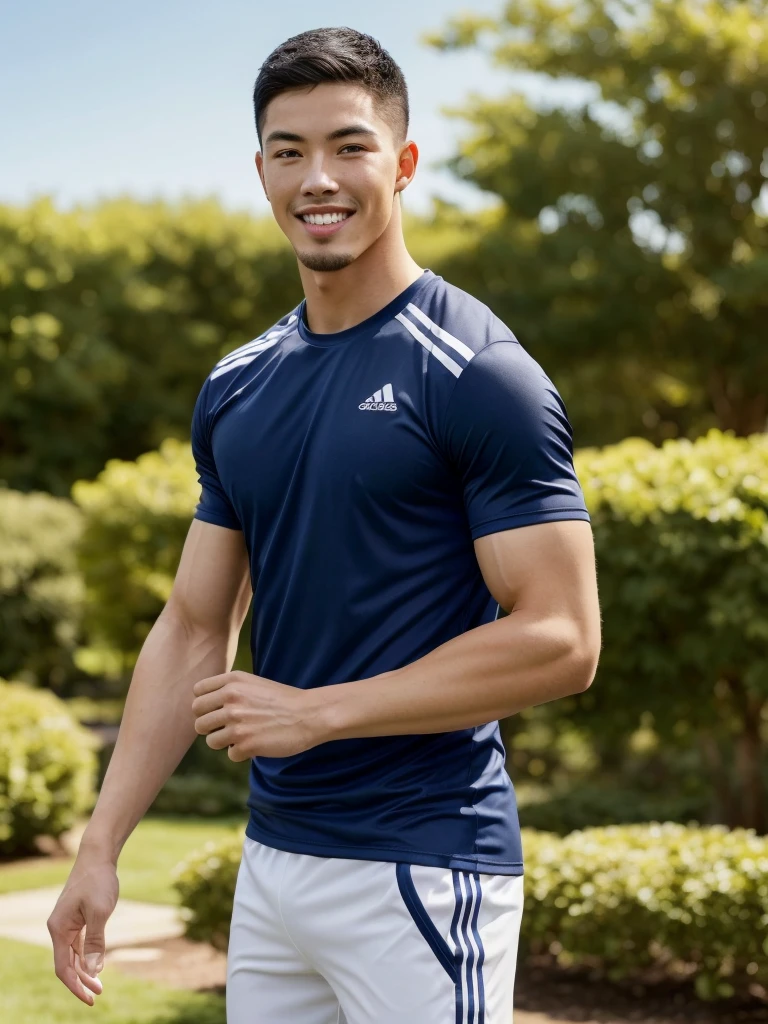 Tony Labrusca, (As a matter of fact, Masterpiece, 8k HD, good light quality, sportswear, fit the face, complicated details), A handsome, muscular young Korean man. , 20 years old, be happy, smile brightly, detailed face, delicate eyes, มองดูsky, Wear a navy tight T-shirt.:1.6, period, black eyes, Black hair color, ผมsmooth, smooth, outdoor sports, Along the garden, Sunny,sky，Surreal，Awesome details，Highest quality，real，Open your mouth to talk. , Close your eyes.