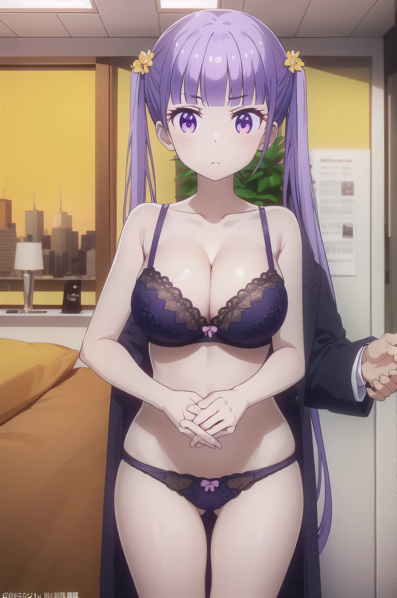 Qingye cool breeze、1 female、solo、Eyebrow、hair ornaments、Long Hair、(Purple Eyes:1.1)、Purple Hair、Twin tail hair、Big Breasts、cleavage、(Very large breasts:1.2)、Yellow Bra、yellow panty、looking at viewer、Cowboy Shot、Female focus、bra with an yellow、panty with an yellow、indoors、Standing on the bed、bra and panty only、(masterpiece:1.2)、Highest quality、High resolution、unity 8k wallpaper、(figure:0.8)、(Beautiful attention to detail:1.6)、Highly detailed face、Perfect lighting、Highly detailed CG、(Perfect hands, Perfect Anatomy)、