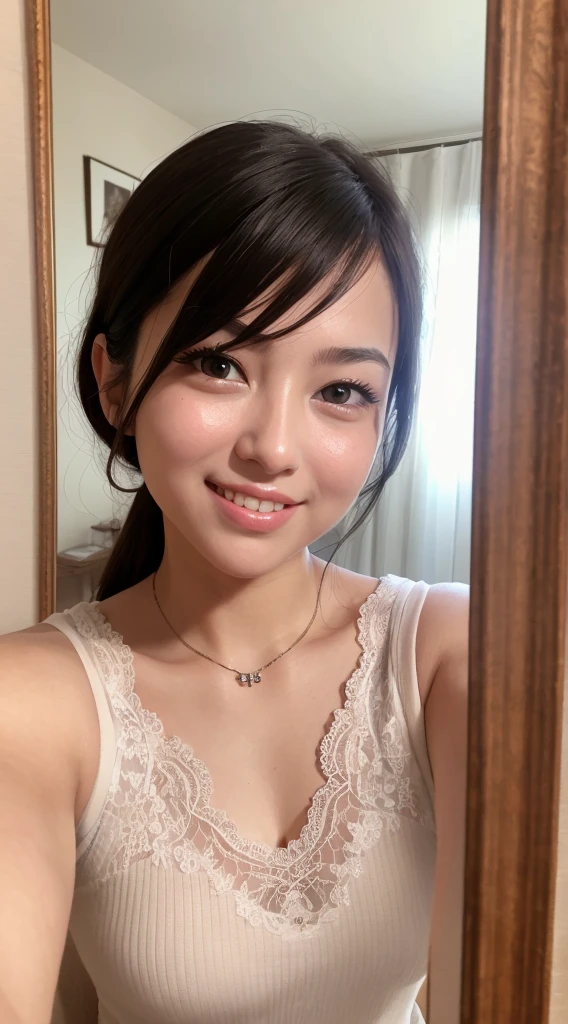 1 female、Highest quality、Ultra-high resolution、（Realistic：1.4）、blush、cute、（Detailed face）、Laughter、Taking a selfie in front of the mirror、She&#39;s dressed as a cat maid、Black attire、Inside the room、chest、大きなchest、whole body、Selfie feeling、Married women