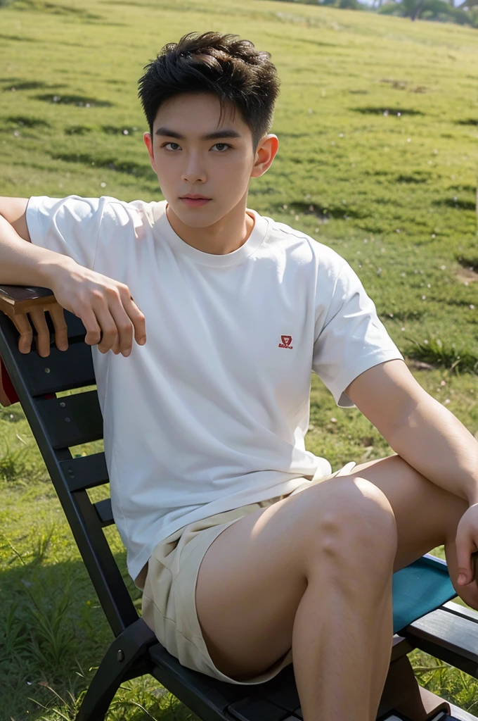 A handsome, muscular young Asian man looks at the camera. In a simple t-shirt white and red , Fieldside, grass, beach, sunlight