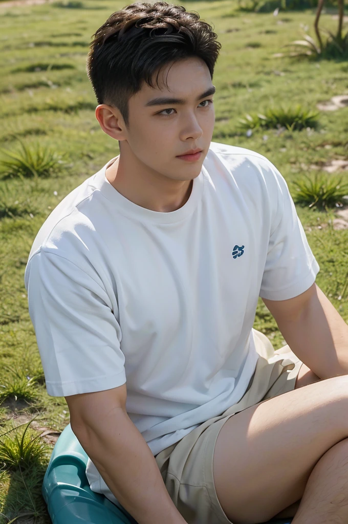 A handsome, muscular young Asian man looks at the camera. In a plain white t-shirt , Fieldside, grass, beach, sunlight