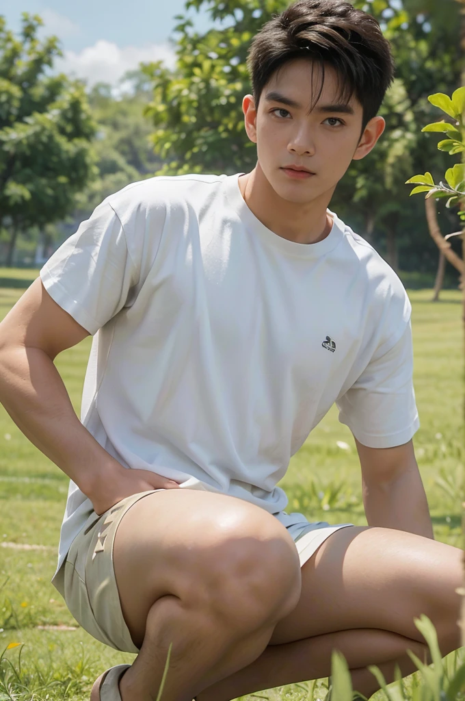 A handsome, muscular young Asian man looks at the camera. In a plain white t-shirt , Fieldside, grass, beach, sunlight