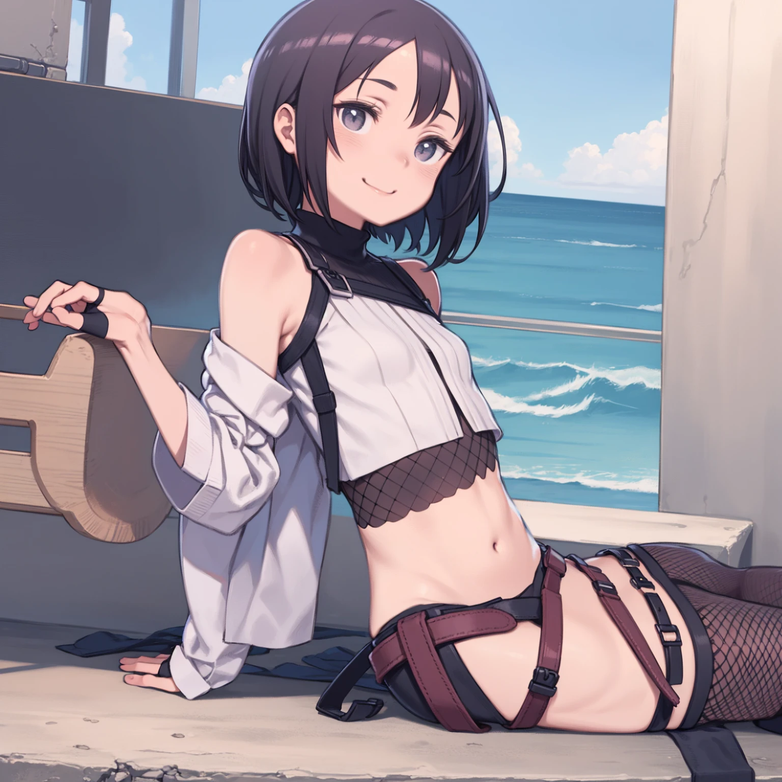yuffiekisaragi, Yuffie Kisaragi,Haircuts, pixie cut,
壊す crop top, fingerless gloves, fishnet Thighhighs, fishnet, forehead protector, gloves, head band, belly button, short shorts, shorts, single sleeve, single thigh high, No sleeve, No sleeve turtleneck, Thighhighs, turtleneck,
bench、blue sky、smile, solo,nsfw,ecstasy,