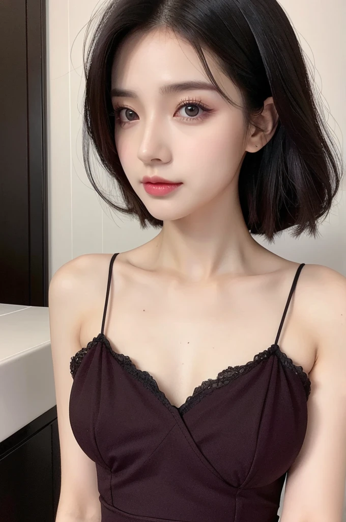 best quality, Delicate face, Pretty Face,Magenta  eyes，Shoulder-length black hair ，25-year-old female, Slim body, Small bust, Low-cut fitted dress,