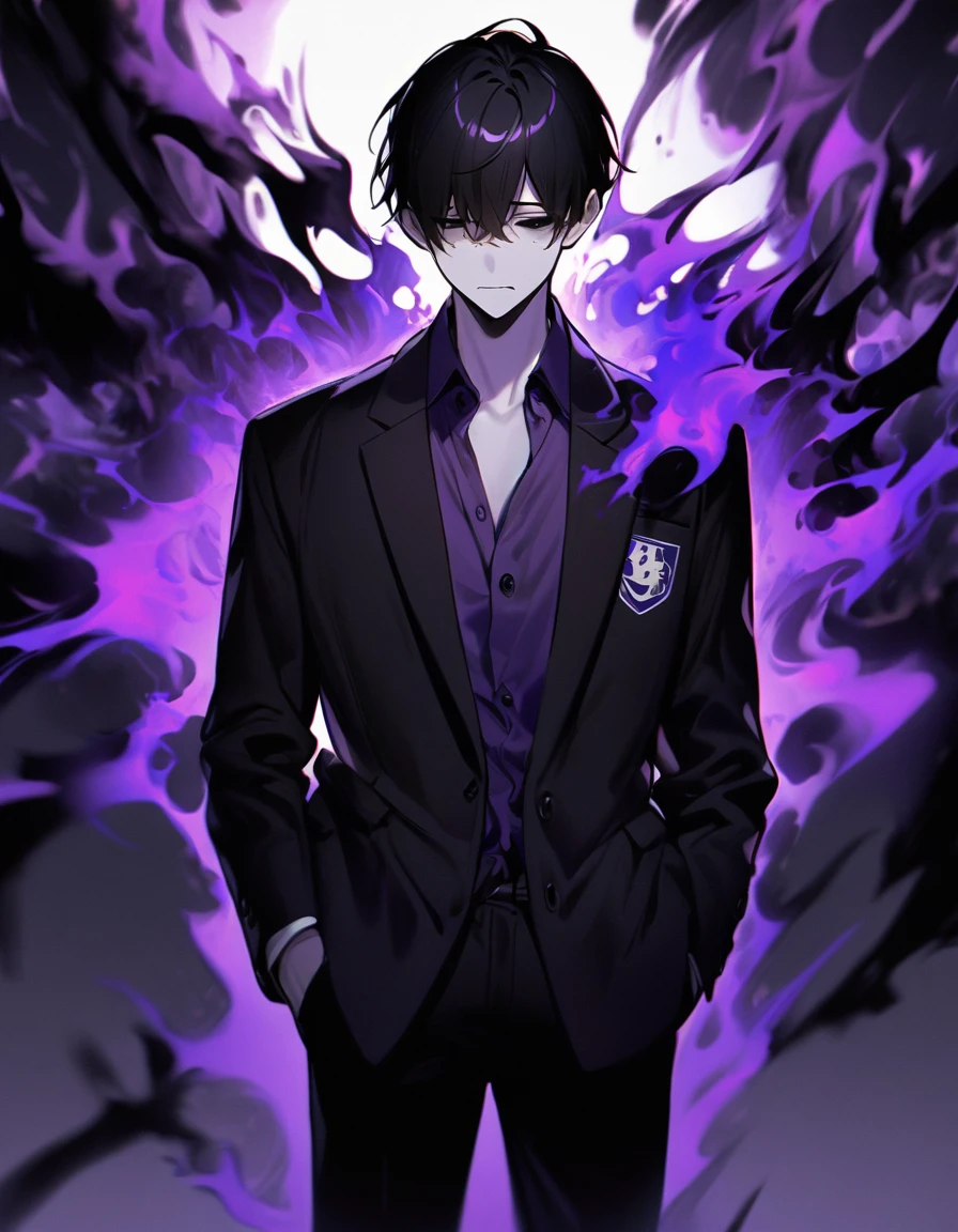 "1 Boy with black hair , white iris ,complete black eyes,dark purple energy coming from the right eye,pale skin. Short black school unbuttoned blazer with school logo,black pants,and sneakers,dark aura , depressed emotional expression,hands in the pocket,black dragon aura,1:2 portrait"