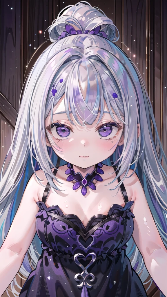 (masterpiece, best quality:1.4), One girl,(top quality eyes) ,(droopy eyes:1.4),(rainbow colored iris), (short silver hair:1.5), (inner hair color highlights of deep purple:1.7), (parted bangs:1.9), orgasm face, Medium chest, sundress, Strong sunlight, Particles of light, Standing by sandy beach with ocean view, full shot