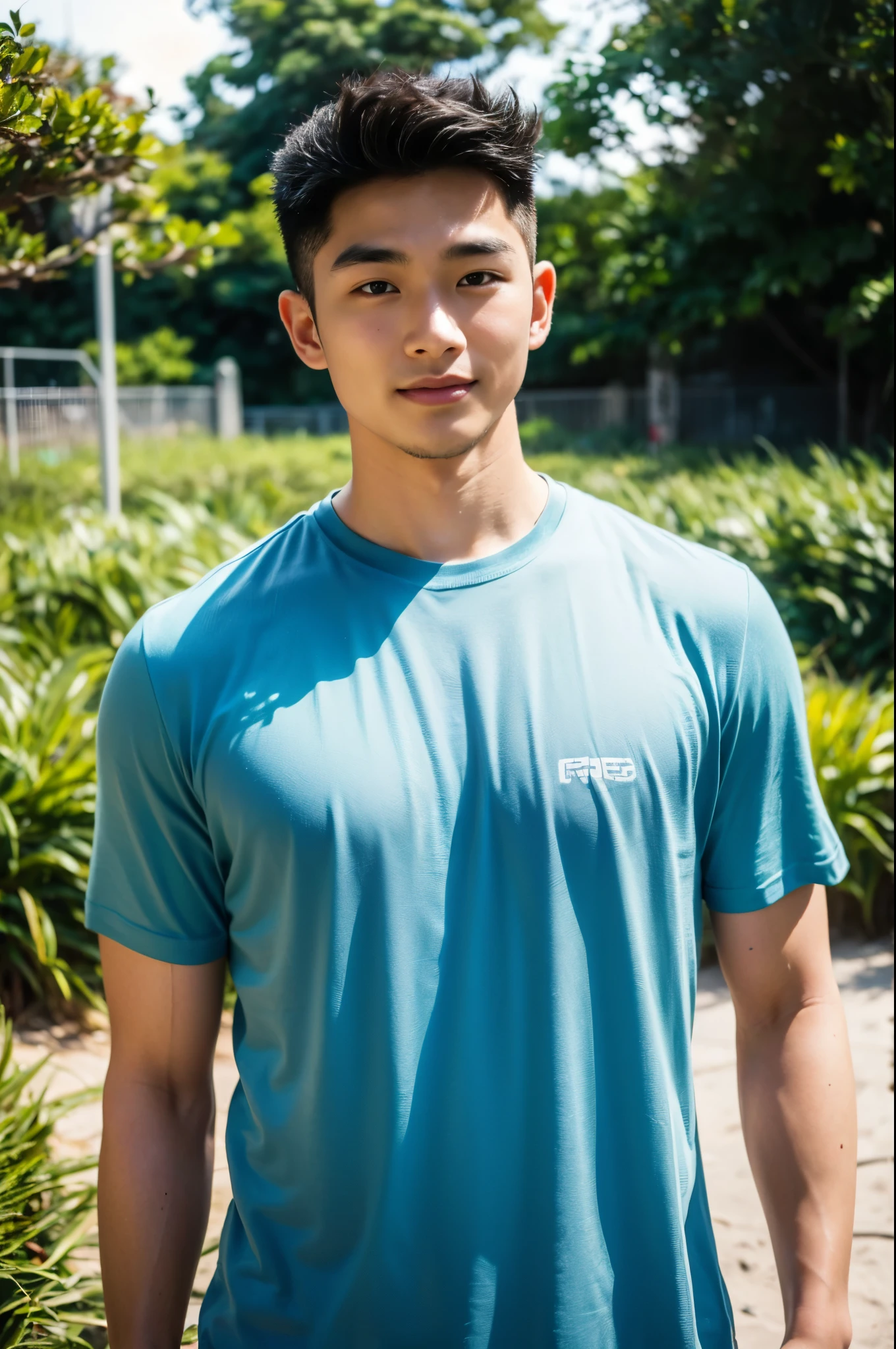 A handsome, muscular young Asian man looks at the camera. In a simple blue t-shirt , Fieldside, grass, beach, sunlight