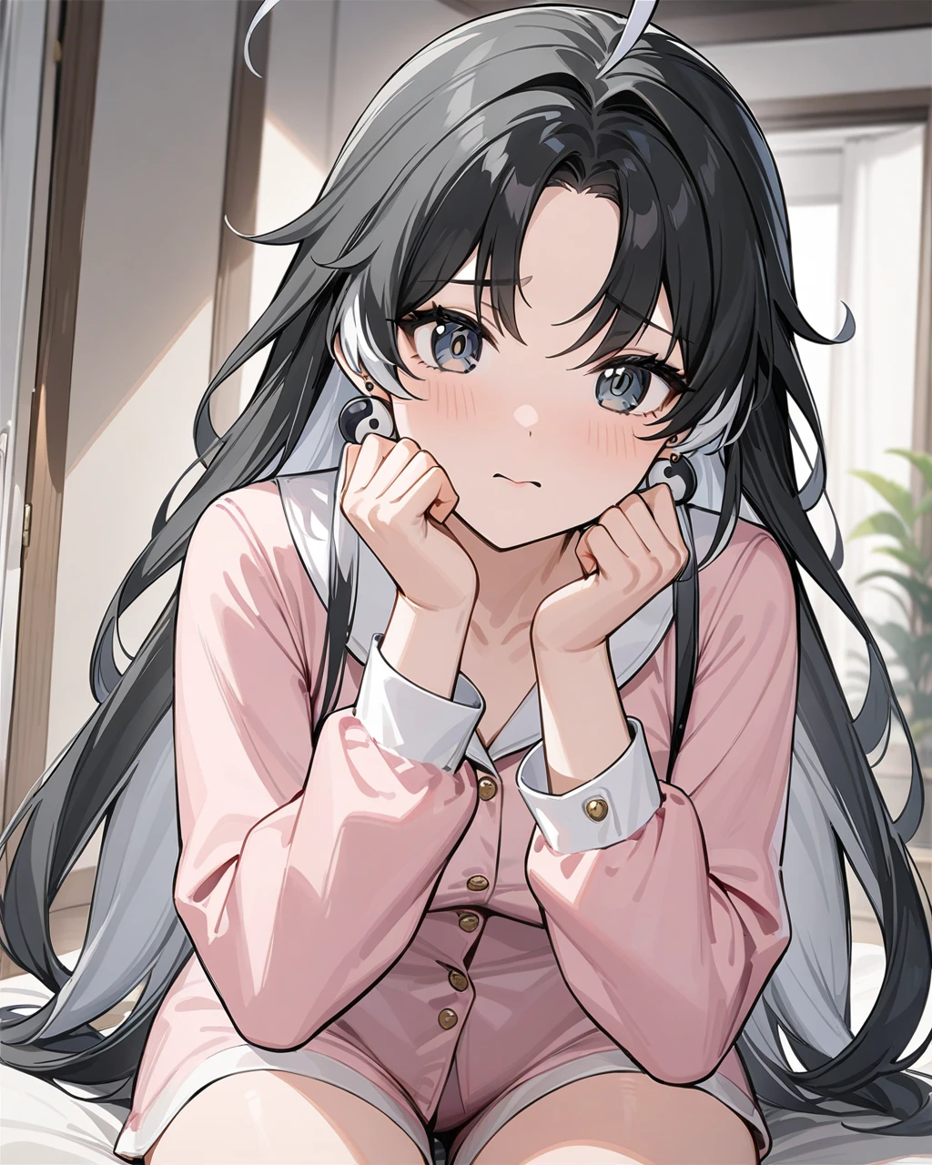 masterpiece,best quality,cute pajamas,indoors,looking at viewer,shy,
jianxin,1girl,solo,jewelry,earrings,black hair,multicolored hair,long hair,ahoge,yin yang,