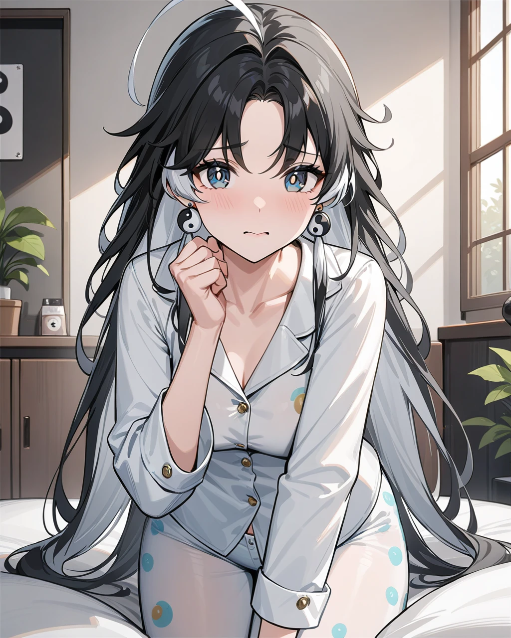 masterpiece,best quality,cute pajamas,indoors,looking at viewer,shy,
jianxin,1girl,solo,jewelry,earrings,black hair,multicolored hair,long hair,ahoge,yin yang,