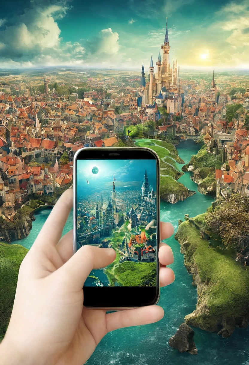 It's very realistic, with a smartphone in your hand and a oid map displayed on the smartphone screen, There is a part of a magical city that looks like a fairy tale in the depths of the image, outdoor
