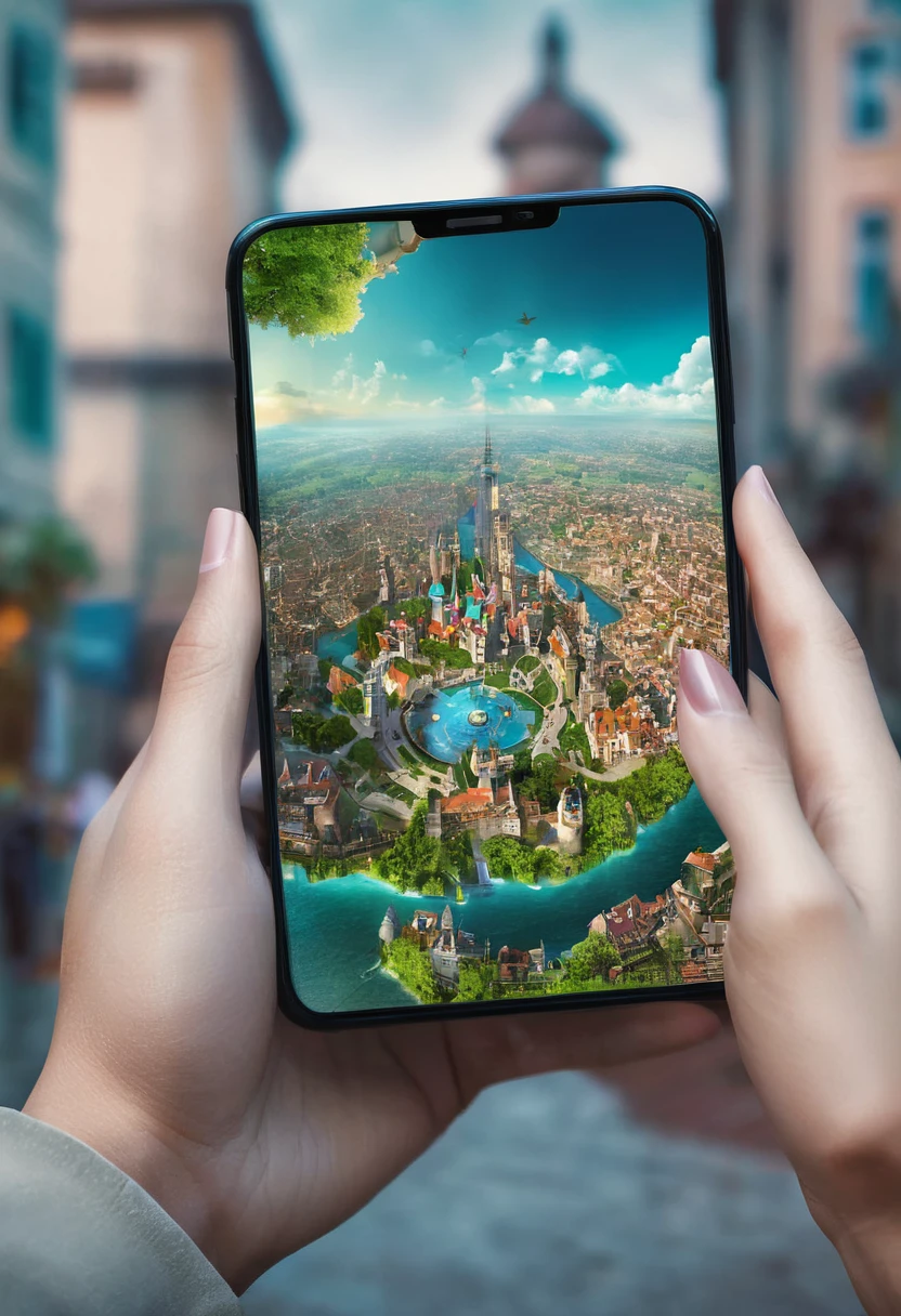 It's very realistic, with a smartphone in your hand and a oid map displayed on the smartphone screen, There is a part of a magical city that looks like a fairy tale in the depths of the image, outdoor