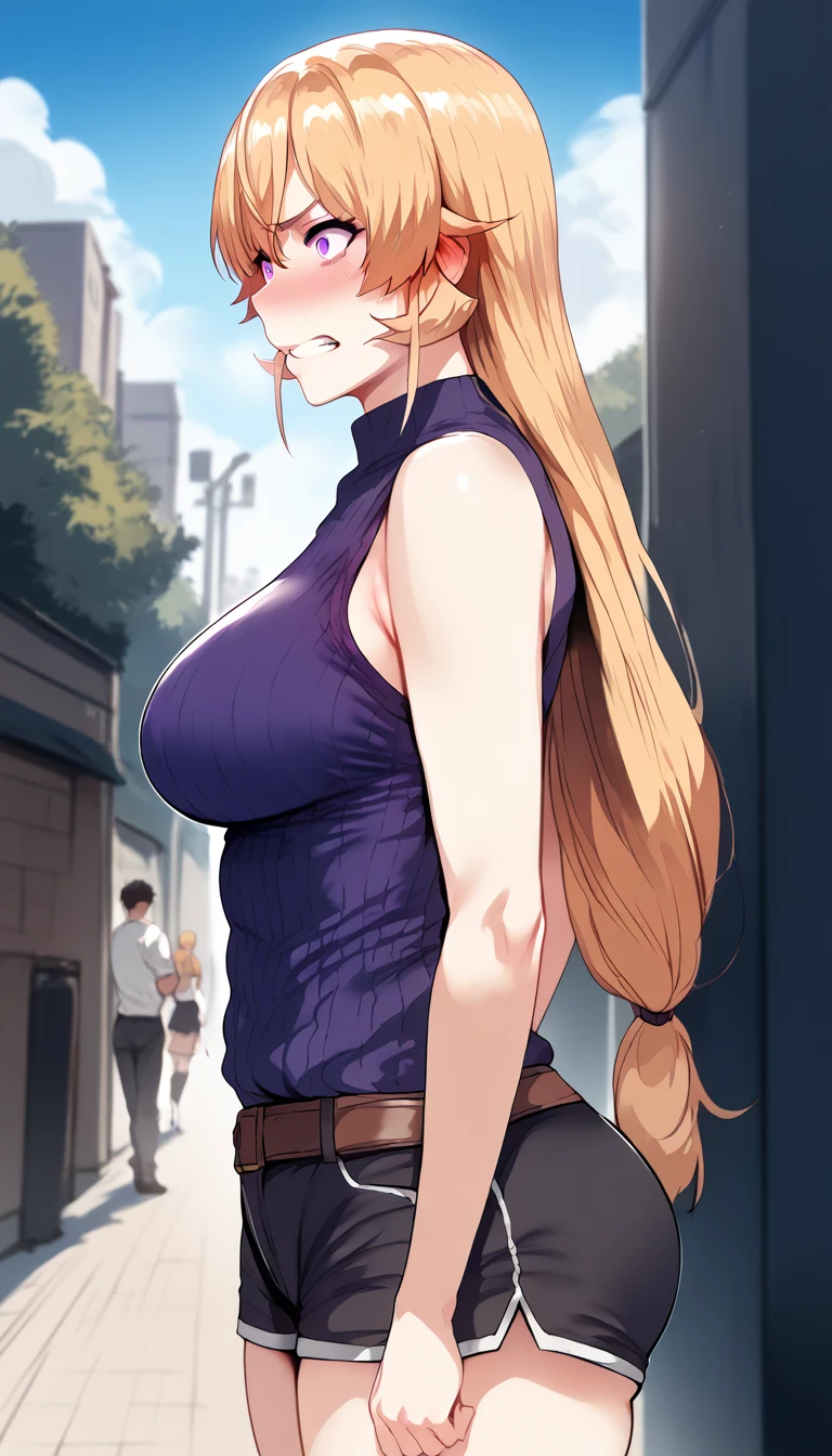 (hews art style:0.7), score_9, score_8_up, score_7_up, score_6_up, erina nakiri, blonde hair, long hair, purple eyes, hollow eyes, BREAK (masterpiece:1.2), best quality, high resolution, (detailed eyes:1.3), perfect lighting, (perfect hands, perfect anatomy), hearts, pleasured, large breasts, sagging breast, 1girl, breasts, solo, gloves, shorts, red shorts, looking at viewer, sideboob, short shorts, brick wall, black gloves, against wall, white thighhighs, ass, belt, thighs, blush, bare shoulders, leaning, sleeveless, embarrassed, clenched teeth, from side, pedestrian walkway