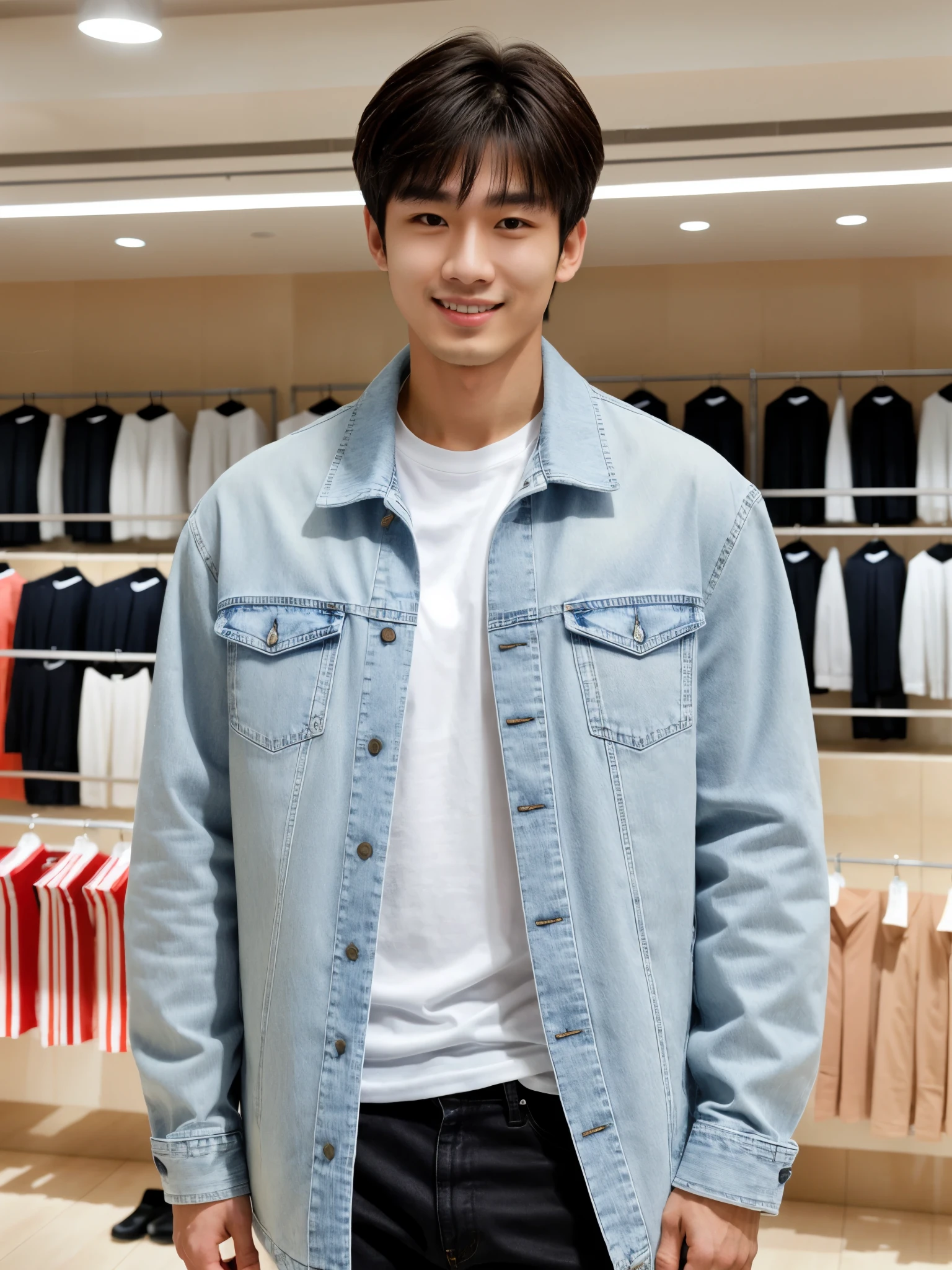 独奏: 1.5, (As a matter of fact, Masterpiece, 8k HD, good light quality, sportswear, fit the face, complicated details), A handsome Korean young man with muscular arms. , 20 years old, be happy, smile brightly, detailed face, delicate eyes, look at the sky, Wear a tight white t-shirt.:1.6 ,Wear a denim coat., jeans period, black eyes, Black hair color, ผมsmooth, smooth,Surreal,Awesome details,Highest quality,real,Open your mouth to talk. , Close your eyes., (standing in department store:1.5)