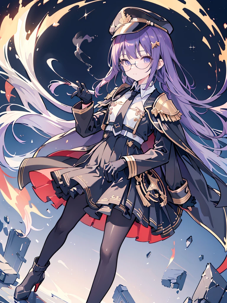 realisitic, City Deserted, Pile of rubble, Brick building, a one woman (18 years old, far away blackw hair, far away slits, Eyes red, glare eyes, 精致的面容, standing (In floor, feet shoulder-width apart), Lolita style military uniform (blackw base, Red Insert, golden decoration, volantes, wide sleeves, dainty and delicate detailing armors), blackw far away gloves (blackw, Red Insert, golden decoration, small hands, armors), blackw far away gloves, knee high boots (blackw, high-heels, red soles), ha (blackw, aba dourada, shield emblem, delicate details), arms in front, Front of belly, Holding military swords with both hands (blackw, golden decoration, delicate detail, Handle at the top, Ground-facing blade, in front of the body, far away), night sky (blackw, stele, Increased flames and smoke), Pale painting style, One Girl, super high quality, Super Detail, Super Detailed image, long hair, looking at viewer, skirt, shirt, hair ornament, violet eyes, gloves, round glasses, long sleeves, hat, closed mouth, jacket, violet hair, braid, open clothes, necktie, black gloves, black skirt, uniform, single braid, open jacket, black jacket, black headwear, 手链, peaked cap, black necktie, cropped jacket, military hat, pantyhose, Flat Chest, smile, Black Cape