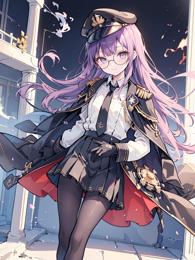 realisitic, City Deserted, Pile of rubble, Brick building, a one woman (18 years old, far away blackw hair, far away slits, Eyes red, glare eyes, 精致的面容, standing (In floor, feet shoulder-width apart), ta style military uniform (blackw base, Red Insert, golden decoration, volantes, wide sleeves, dainty and delicate detailing armors), blackw far away gloves (blackw, Red Insert, golden decoration, small hands, armors), blackw far away gloves, knee high boots (blackw, high-heels, red soles), ha (blackw, aba dourada, shield emblem, delicate details), arms in front, Front of belly, Holding military swords with both hands (blackw, golden decoration, delicate detail, Handle at the top, Ground-facing blade, in front of the body, far away), night sky (blackw, stele, Increased flames and smoke), Pale painting style, One Girl, super high quality, Super Detail, Super Detailed image, long hair, looking at viewer, skirt, shirt, hair ornament, violet eyes, gloves, round glasses, long sleeves, hat, closed mouth, jacket, violet hair, braid, open clothes, necktie, black gloves, black skirt, uniform, single braid, open jacket, black jacket, black headwear, 手链, peaked cap, black necktie, cropped jacket, military hat, pantyhose, Flat Chest, smile, Black Cape