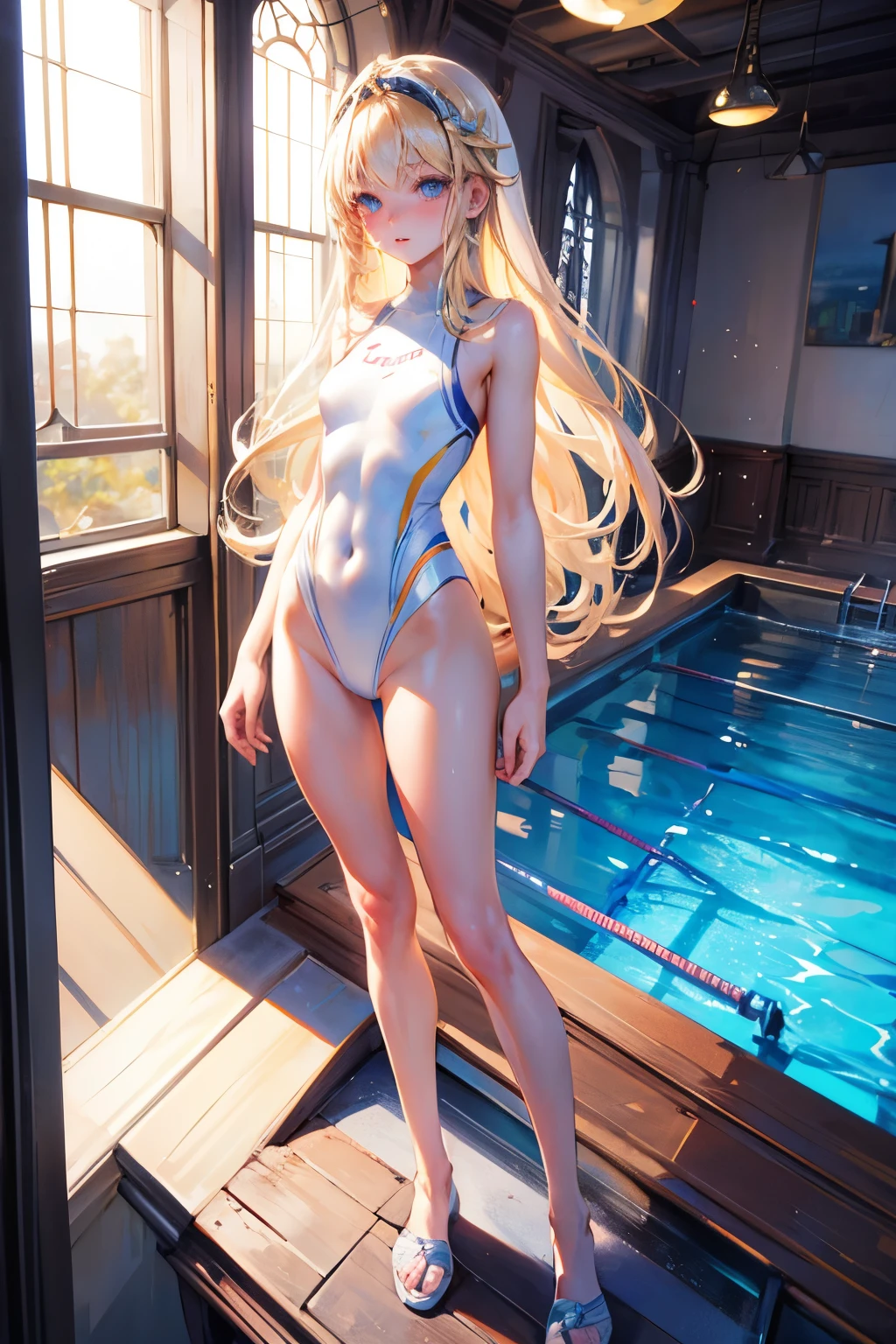 masterpiece,Highest quality,Very detailed,beautiful girl, ager,Long straight blonde hair,Beautiful and detailed eyes,skinny,Small breasts, full body,Dynamic,White competitive swimsuit,Competition Pool