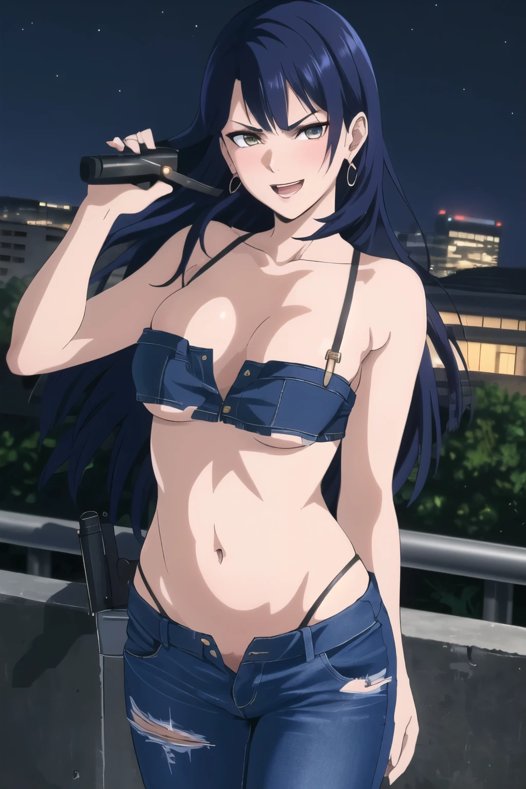 lobelia, 1girl, long hair, large breast, blush, lipstick, jewelry, earrings, Hot girl, baddie, staring, glaring, bad attitude, mean girl, dare, angry, hate, crazy, smoking, sensual, attractive , blush, lipstick, outdoors, rooftop, cityscape, building, railing, night, night sky, scenery, , city lights, jacket, masterpiece,high quality,4k, bare shoulder,belly,crop top,outdoor,cleavage,jeans,casual dress,street,road,smile, open mouth, (nsfw) not safe for work, holding a gun,handgun, evil expression, exposed belly, exposed navel, exposed midriff, exposed lower belly, crop top overhang, underboob, unbuttoned jeans , low rise black jeans, Low rise jeans, Low rise jeans with open fly