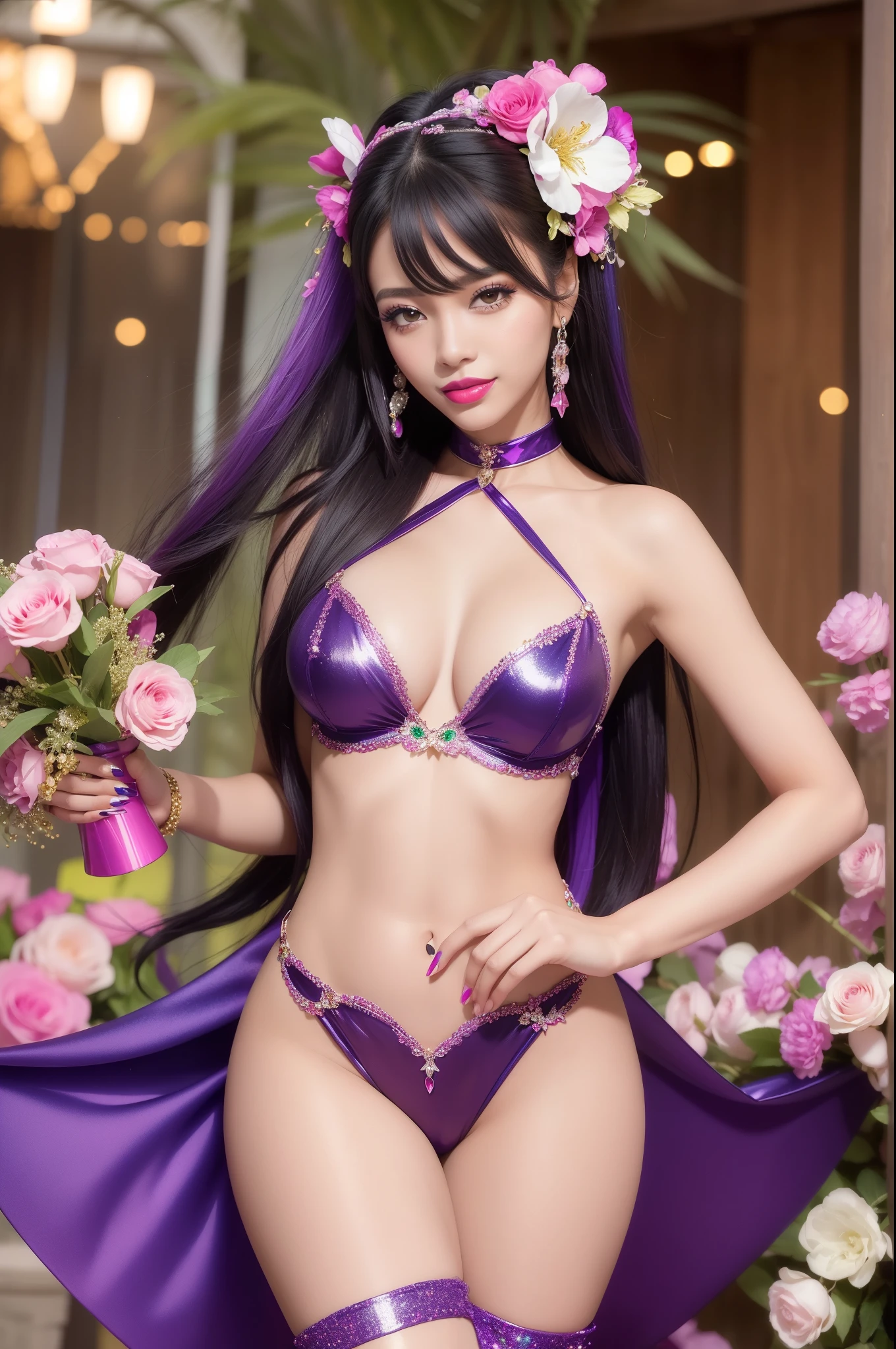 sexy Caribbean model who controls poison、beautiful smile、lip-gloss、bold lipstick、long lashes、colorful metallic makeup、look at the camera、full body Esbian、、sparkling poisoned flower costume、、、、sparkling Colorful hair、secrete poison、skull hair accessories、sexy tights、shiny sparkling flowers background