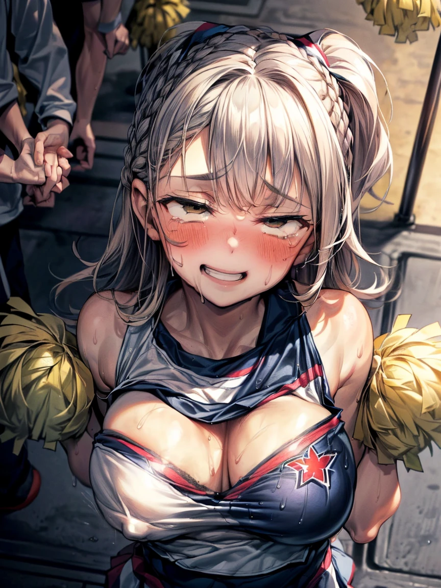 (Very tiny girl rides guy perfectly:1.5)、(Petite girl riding:1.3)、(Big Breasts:2)、(eyes half closed:1.9)、(Grin:1.1)、(tears:1.2)、(The body shakes violently)、8K resolution、 ((Highest quality))、Anatomically correct、(Cheerleader:1.9)、((Hasselblad Photos))、[:(Detailed face:1.2):0.2]、(heavy rain:1.5)、(Sweaty:1.6)、((Top view:1.9))、(braid one's hair:1.5)、(Loss of strength from the body:1.3)、(呻吟)、(Jump:1.6)、(Surrounded by a lot of middle-aged men:1.6)、((Upper Body:1.9))、(Leaning forward:1.6)、(rape:1.3)、(shame:1.3)、(Groping the chest:1.6)