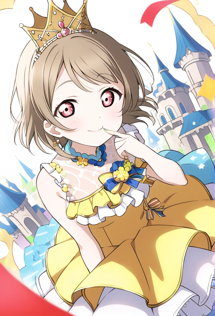 ((style:Colored pencil))Kasumi Nakasu, lovelive, Yellow-brown hair, Bobcut, short hair, ワンレングスBobcut, Asymmetrical Hair, Long left bangs, Red Eye, Yellow Dress, Party Dresses, adult, flare lens, Single, alone, whole body, smile, Finger in mouth, secret, Princess, crown shaped tiara, The background is inside the castle, Wonderland,