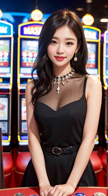 real person, Highest picture quality, Masterpiece, beautiful CG, highest resolution, Ultra-sharp image quality, delicate facial features, Unrivaled beauty, Delicate and beautiful face, cute young woman, red curly hair, Bow hair clip, glossy red lips, sweet smile, smile, smile without teeth, Sensitive skin, shiny, Moisturized skin, blushing, pure, close up, single, necklace, earring, Not disclosed, dynamic action, (Beautiful long dress with a round neck.), The skirt is full of lace., chest, Rating: safe (random background,In casinos,VIP casino room, Modern Casino Console, Modern Slot Machines )