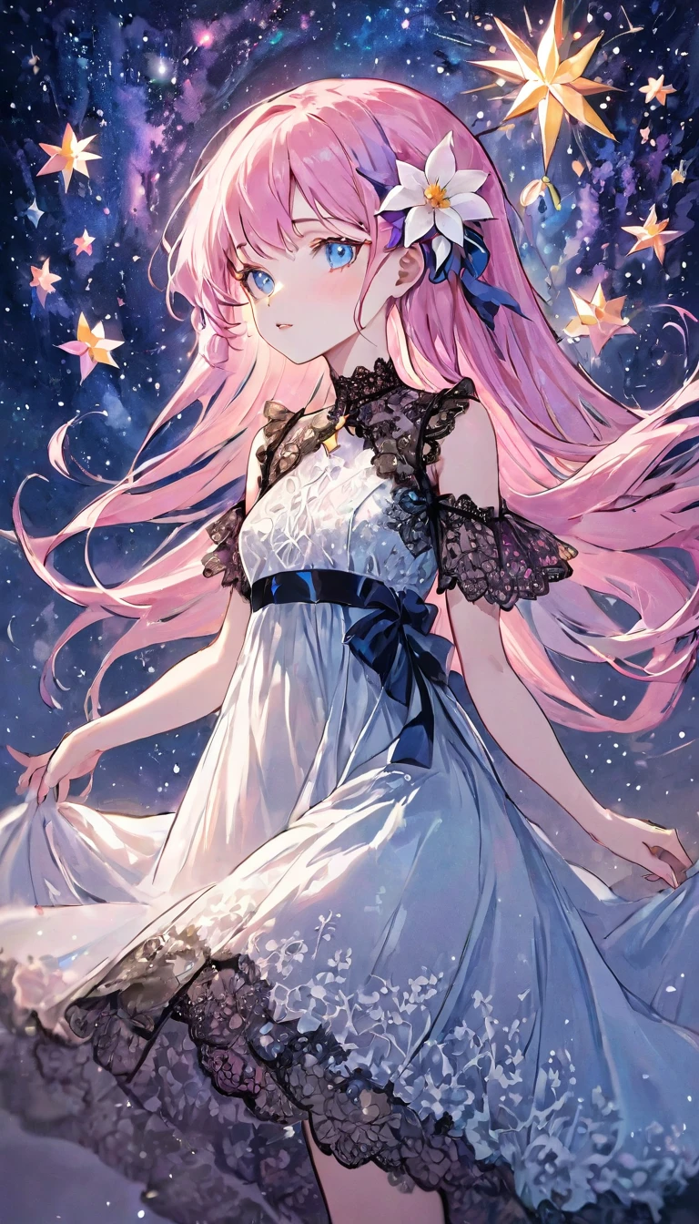 (masterpiece, Very detailed, Exquisite, beautiful, Full HD, High resolution, Absurd), Lilia, A girl with long pink hair, blue eyes, a white dress with black lace, a big pink ribbon on her chest, a white flower hair ornament around her right ear. Complex background, Wishing Star Background, a woman wearing an ether Mysteriousal pink translucent dress that reflects the stars, perfume Promotional Art, Mysterious, Complex drawing, Very detailed, Cover Girl Brand, Promotional Art, Artistic Expression, ether, Starry Night, Travel style