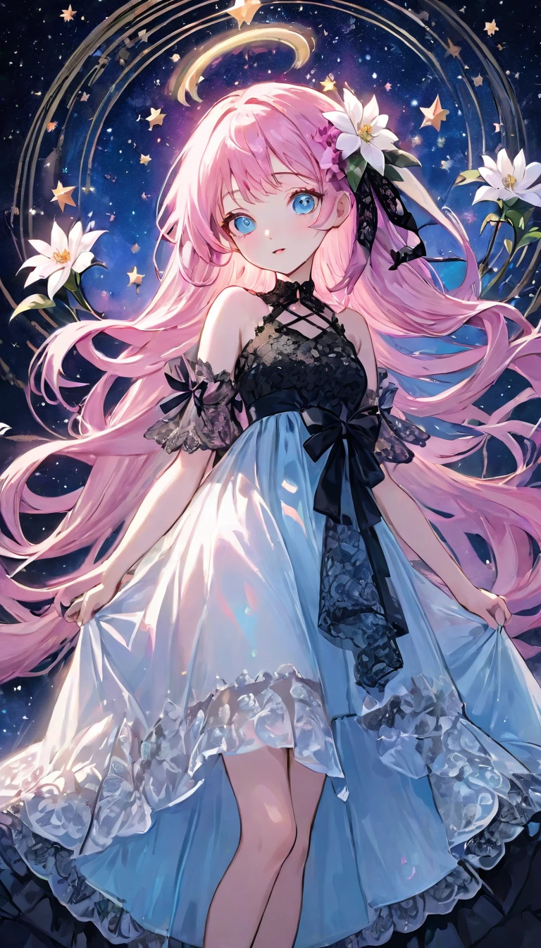 (masterpiece, Very detailed, Exquisite, beautiful, Full HD, High resolution, Absurd), Lilia, A girl with long pink hair, blue eyes, a white dress with black lace, a big pink ribbon on her chest, a white flower hair ornament around her right ear. Complex background, Wishing Star Background, a woman wearing an ether Mysteriousal pink translucent dress that reflects the stars, perfume Promotional Art, Mysterious, Complex drawing, Very detailed, Cover Girl Brand, Promotional Art, Artistic Expression, ether, Starry Night, Travel style