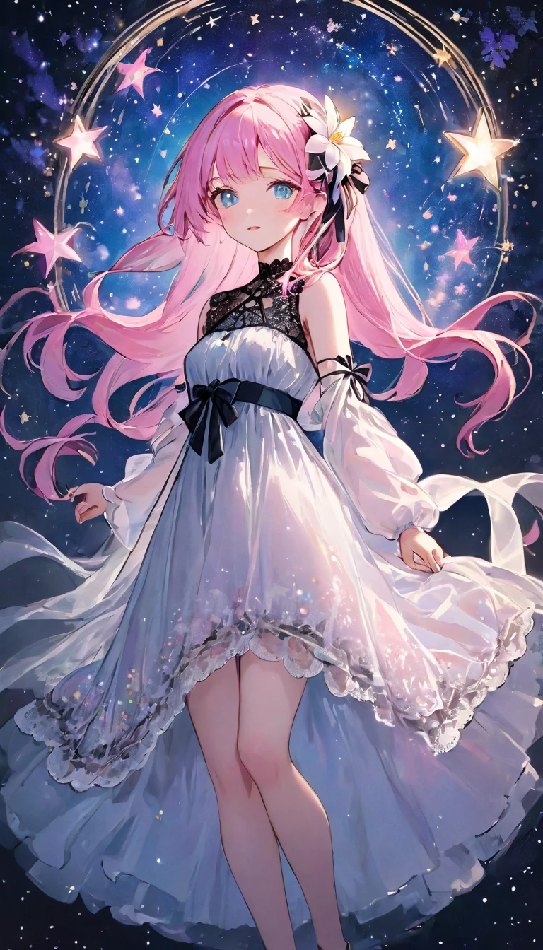 (masterpiece, Very detailed, Exquisite, beautiful, Full HD, High resolution, Absurd), Lilia, A girl with long pink hair, blue eyes, a white dress with black lace, a big pink ribbon on her chest, a white flower hair ornament around her right ear. Complex background, Wishing Star Background, a woman wearing an ether Mysteriousal pink translucent dress that reflects the stars, perfume Promotional Art, Mysterious, Complex drawing, Very detailed, Cover Girl Brand, Promotional Art, Artistic Expression, ether, Starry Night, Travel style