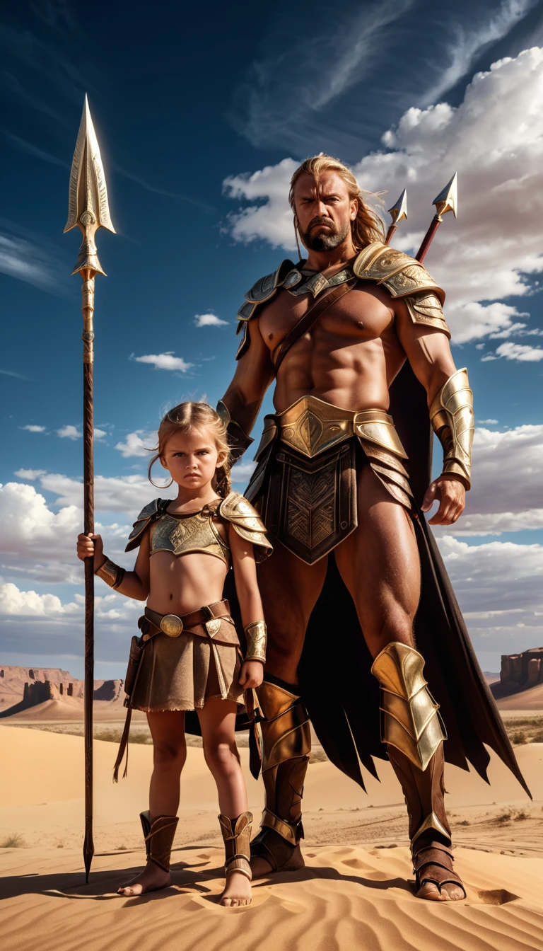 Masterpiece, full body shot, proud great warrior who is desert king, stand with spear in hand, next to him stand his doughter, little desert princess, she stands feisty supported by her arms akimbo, makes a menacing face RAW, Dramatic lighting, threatening nordic sky, 8K, ultra high res.photorealistic, UHD, DSLR, RAW, Phase one XF IQ4, 150 MP, desert, oasis, palace