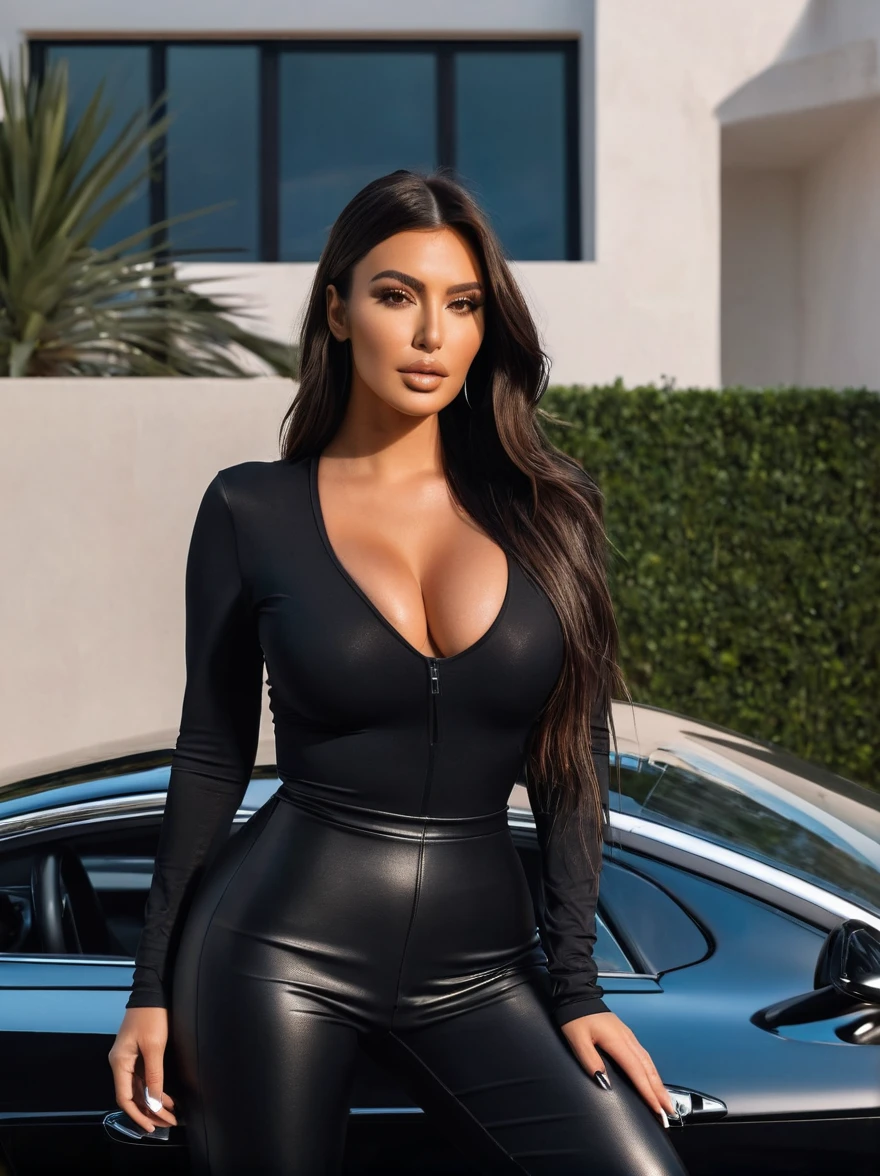 That face, very influencer style photos in south of France Young woman, professional model is posing in a dessert. she has got very long dark hair araffe woman in black leggings and a black sports bra top with biggest leaning on a car door, sitting in her car, wearing black tight clothing, tight outfit, madison beer, black leggins, full body length, demi rose, black extremely tight jeans, kim kardashian, black leggings, tight attire, black car, kylie jenner as catwoman, film still of kim kardashian, she is wearing long black modest but slim dress, she is wearing black high heels. She is wearing a long black dress that covers her body, she is pretty. Detailed image. She looks like Irina Shayk and Kim Kardashian. She is tall and beautifully thin. She is posing for a fashion brand. Vogue style. Super realistic, detailed, professional fashion photoshooting very dark hair