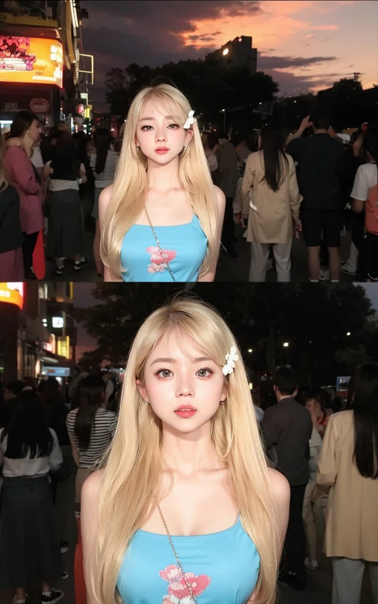 blonde girl, big eyes like japanese, her lips are pompous and pink, White skin, is at a festival, blonde hair and 4hd quality