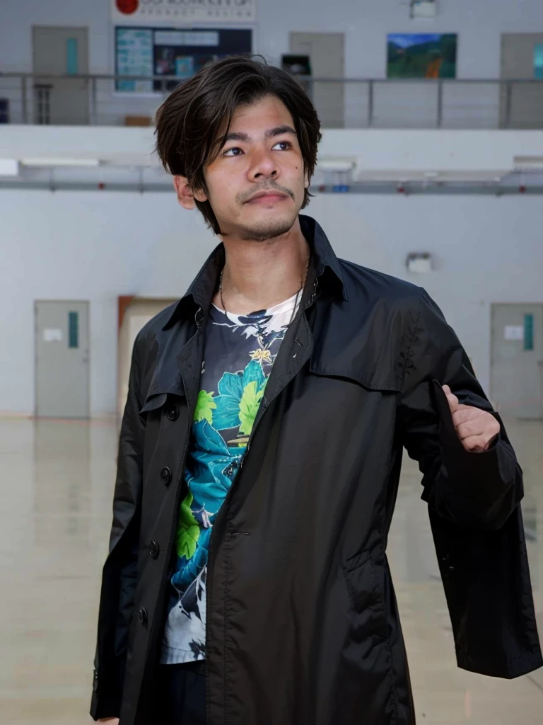Grown man,dark, long trench coat that adds to his menacing and mysterious look.
Hawaiian Shirts: Often worn underneath his coat, these colorful shirts add a contrasting and somewhat ironic touch to his otherwise grim appearance.