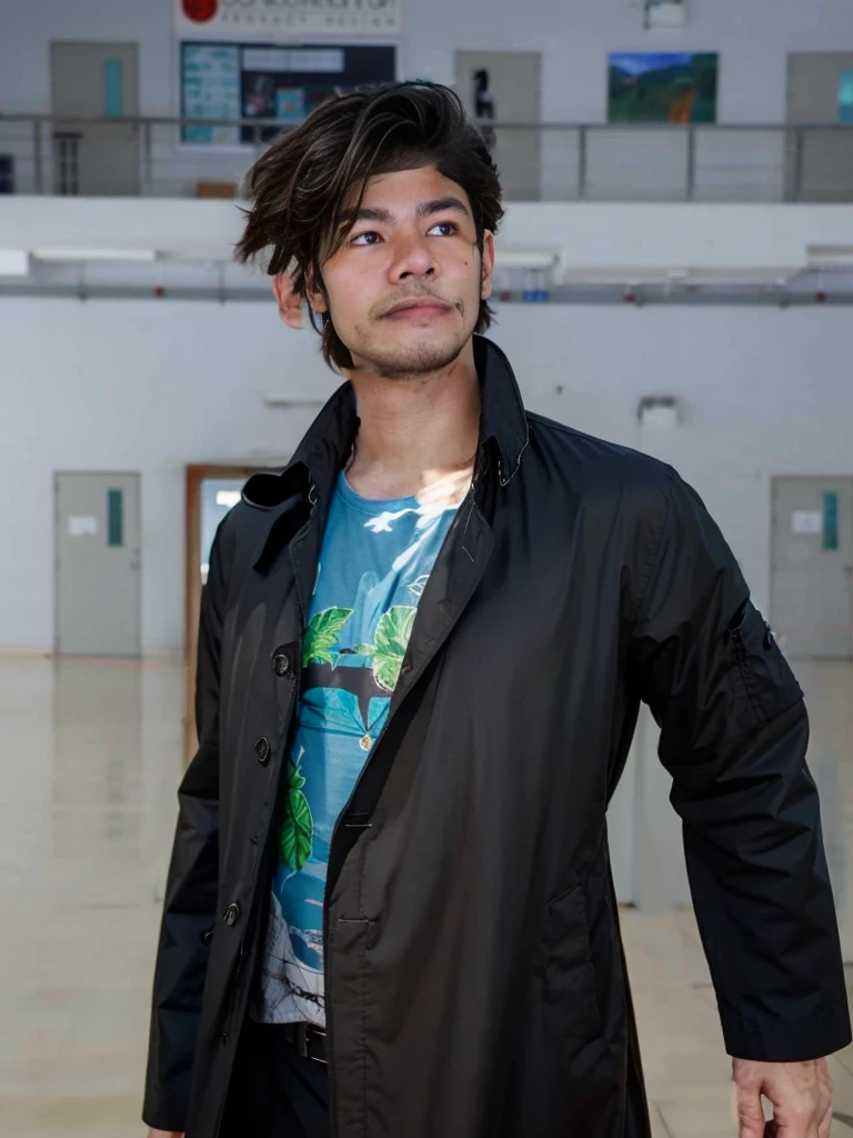 Grown man,dark, long trench coat that adds to his menacing and mysterious look.
Hawaiian Shirts: Often worn underneath his coat, these colorful shirts add a contrasting and somewhat ironic touch to his otherwise grim appearance.