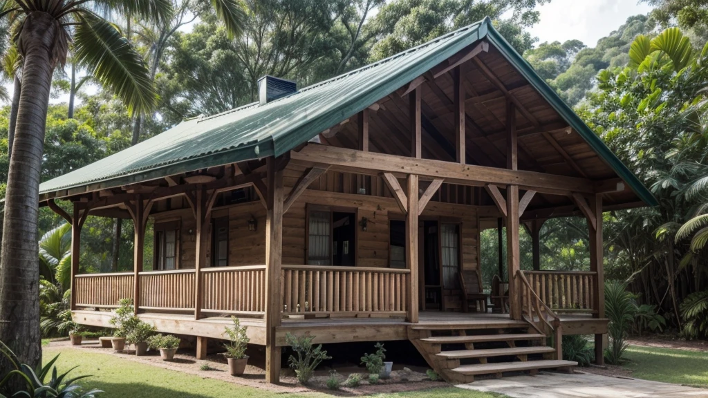 close-up of a little house with a hammock on the porch, !!comely!!, Wood house, peaceful wooden mansion, outside view, cottagecore!!, with front porch, very close to real nature, brazileiro, luxuosa Wood house, tropical style