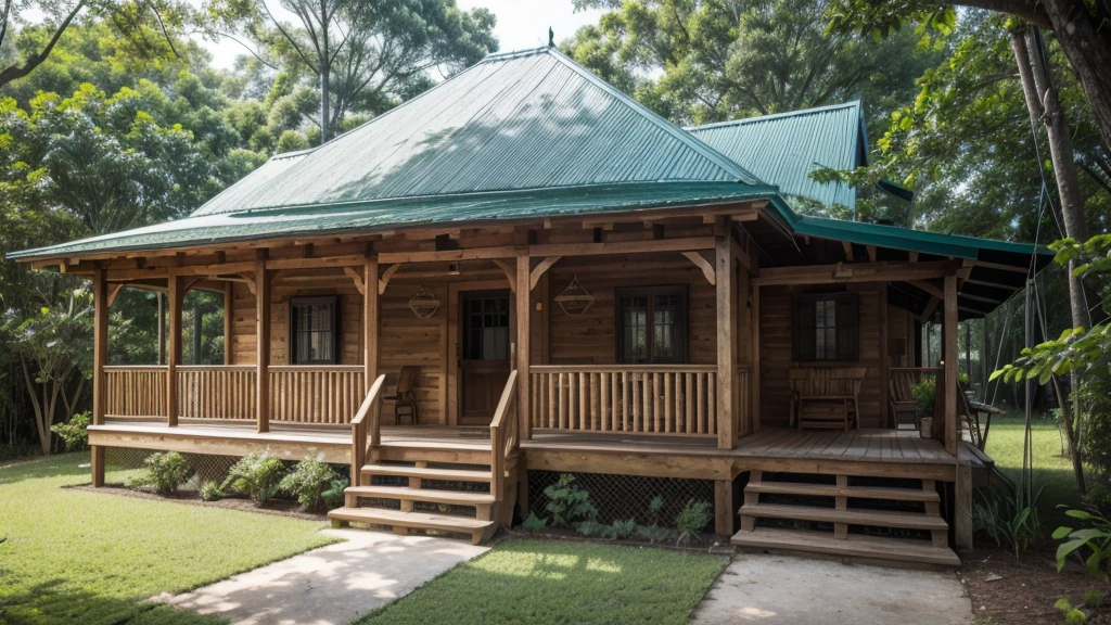 close-up of a little house with a hammock on the porch, !!comely!!, Wood house, peaceful wooden mansion, outside view, cottagecore!!, with front porch, very close to real nature, brazileiro, luxuosa Wood house, tropical style