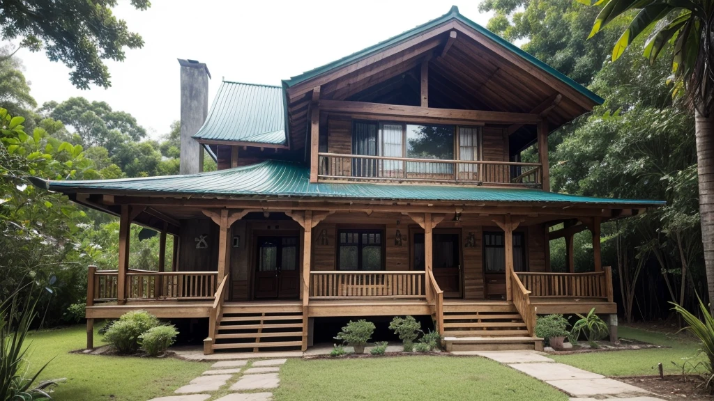 close-up of a little house with a hammock on the porch, !!comely!!, Wood house, peaceful wooden mansion, outside view, cottagecore!!, with front porch, very close to real nature, brazileiro, luxuosa Wood house, tropical style