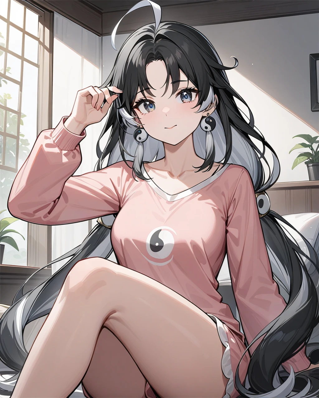 masterpiece,best quality,cute pajamas,indoors,looking at viewer,
jianxin,1girl,solo,jewelry,earrings,black hair,multicolored hair,long hair,ahoge,yin yang,