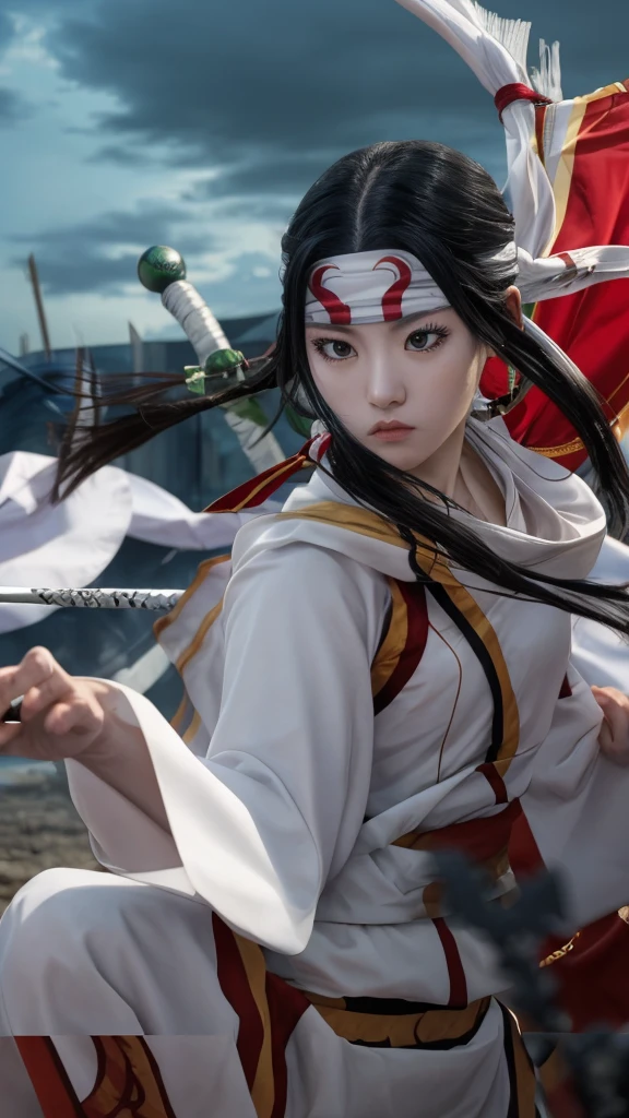 "Create a highly realistic image of a female warrior resembling Kyoukai from the manga series Kingdom. She should have a slender yet athletic build, wearing traditional Chinese armor with intricate details. Her expression is calm and focused, with a mysterious aura. She has long, flowing black hair and is holding a sword in a defensive stance. The background should depict a forest or battlefield with a dramatic sky."